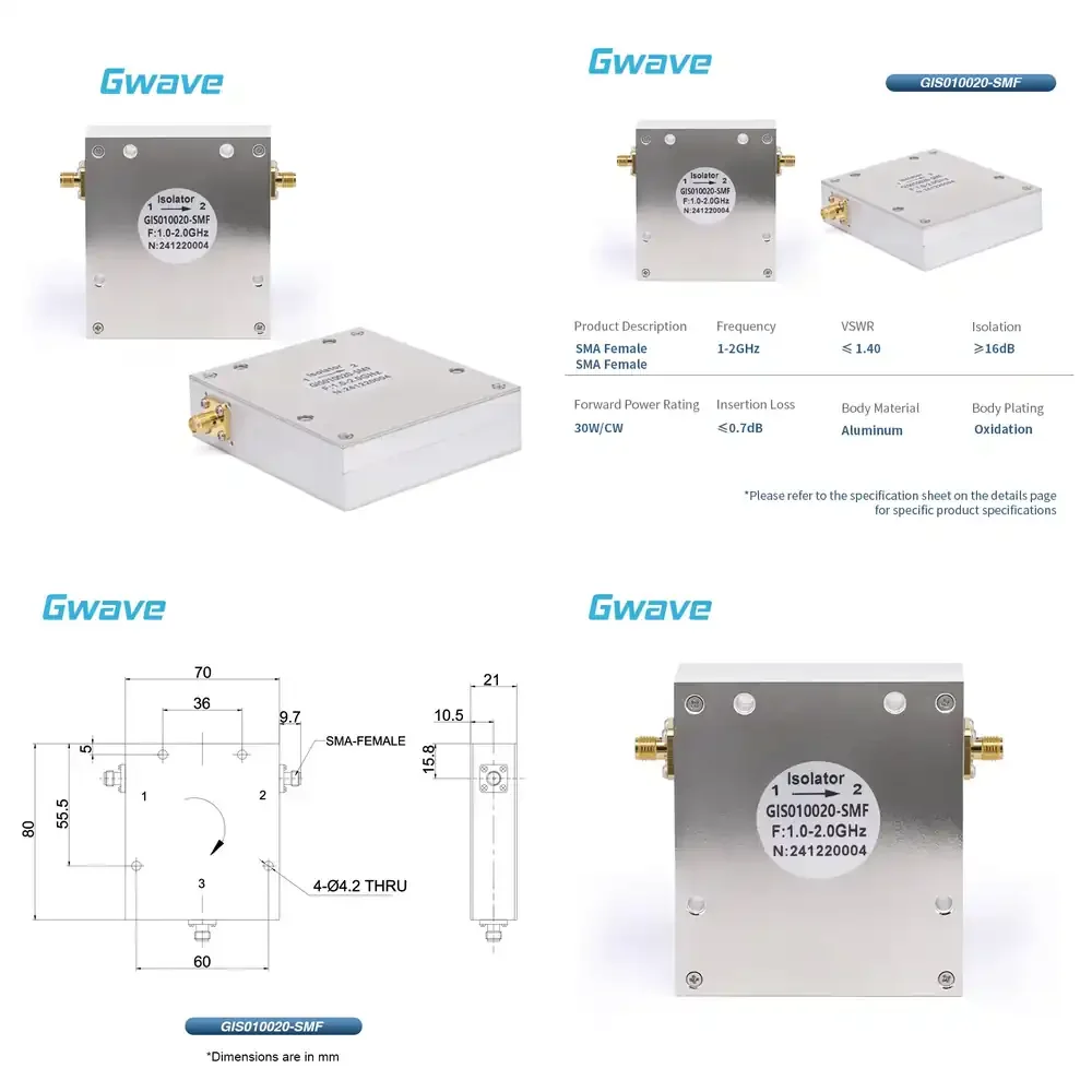 

16dB Isolation Circulator SMA Female Isolator with 30 Watts Power Effective From 1GHz to 2GHz