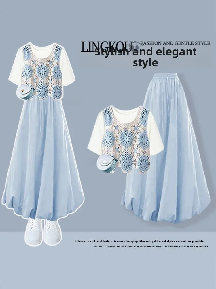 

Летний комплект из трех предметов Sweet Summer Dopaamine для женщин: топ с вырезами, футболка до плеч, юбка с цветочным принтом, модный, больших размеров.