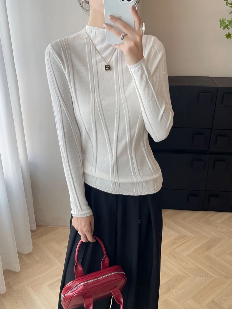 Shiny Sparkling Women's Slim Fit Base Shirt Half High Collar Knitted Sweater Inner Wear Autumn Winter New Style Fashionable B...