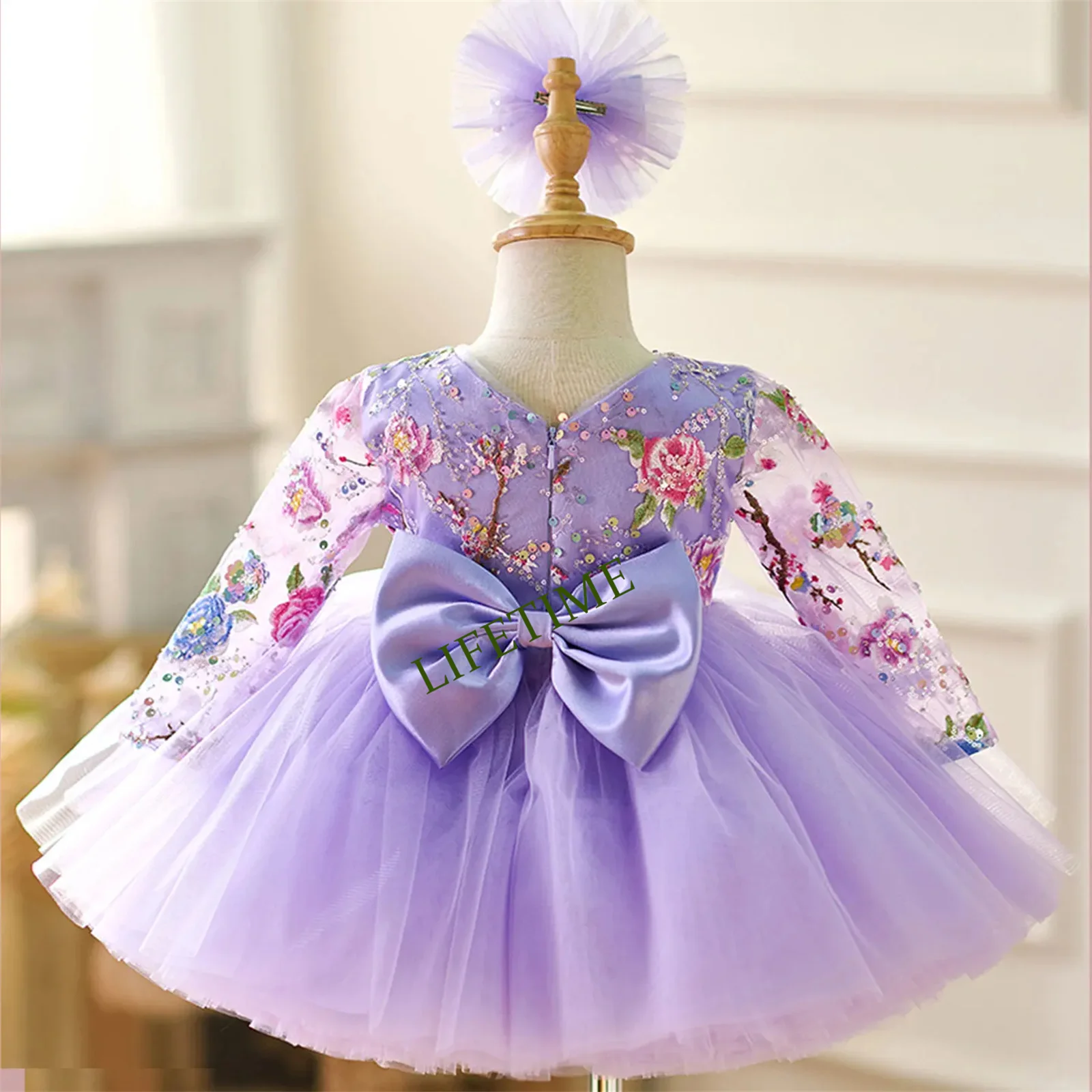 CustomizedDusty Pink Lace Knee Length Girl Dress with Sleeve Princess Children Birthday Wedding Party Pageant Ball Gown