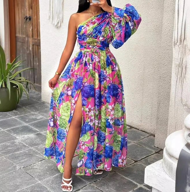 Women Elegant 2024 Spring Summer Latest Dress Diagonal Collar Fashionable Off Shoulder Long Lantern Sleeve Print Maxi Long Skirt