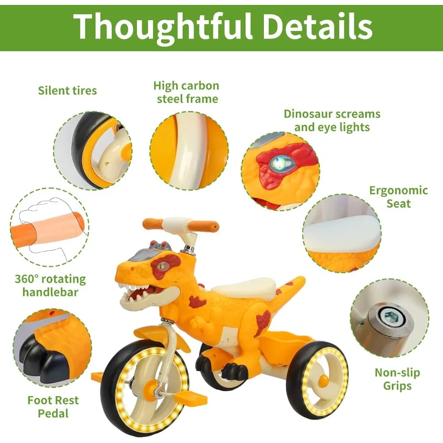 รถสามล้อไดโนเสาร์สำหรับเด็กเล็ก รถสามล้อเด็ก ล้อใหญ่ มีเพลง ตะกร้าเก็บของ ล้อมีไฟ ใช้ได้ทั้งในบ้าน/นอกบ้าน สำหรับเด็กก่อนวัยเรียน