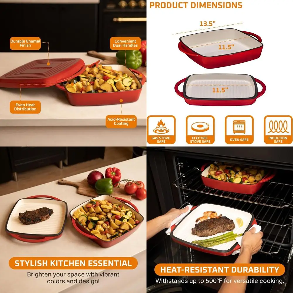 

Red 2-in-1 Cast Iron Dutch Oven with Enamel Coating and Dual Handled Baking Pan & Grill Lid for Bacon, Steaks, and More