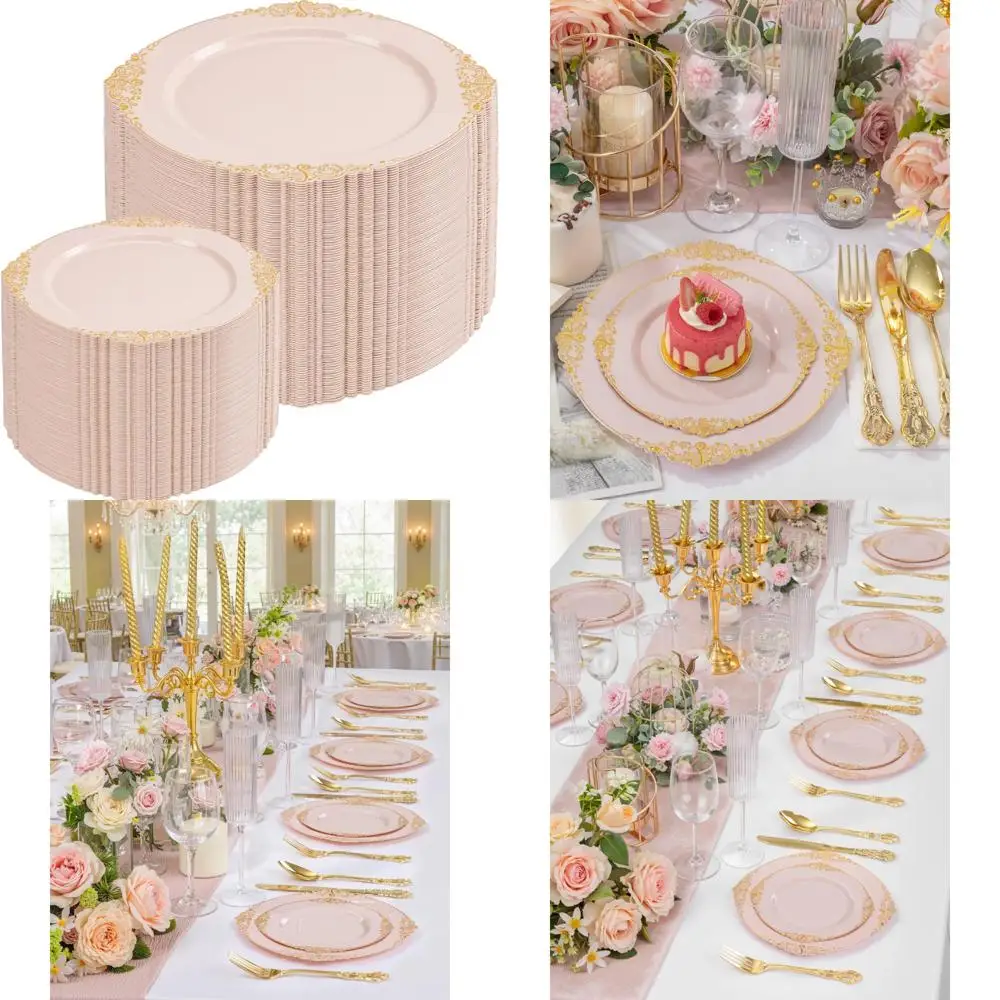 

Розовые и золотые необычные одноразовые тарелки — упаковка 200 пластиковой посуды с золотым ободом для винтажных свадеб и десертов