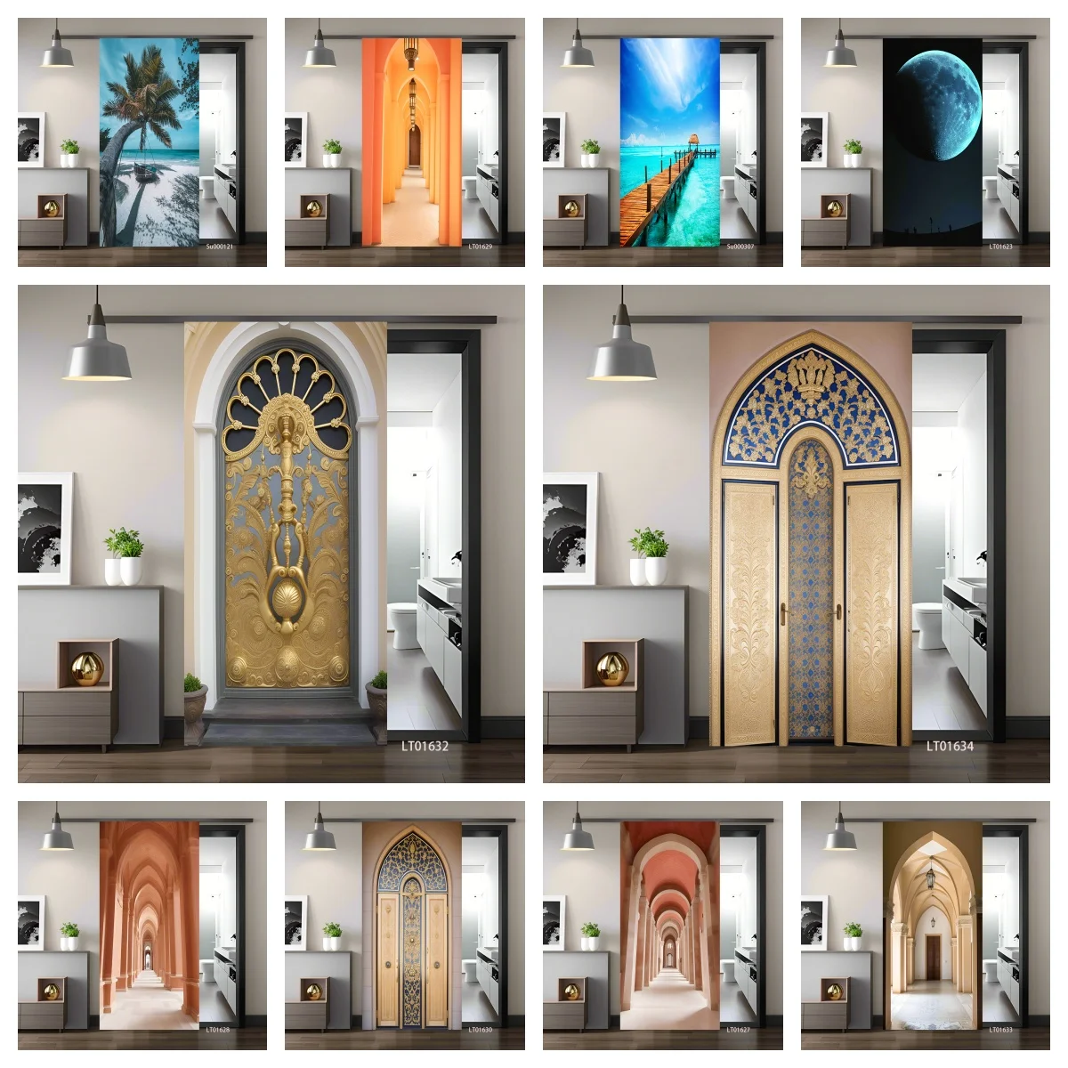 

Muslim style, corridor architecture, seaside coconut trees, 3D PVC stickers, vinyl home decorations, wall cabinet stickers