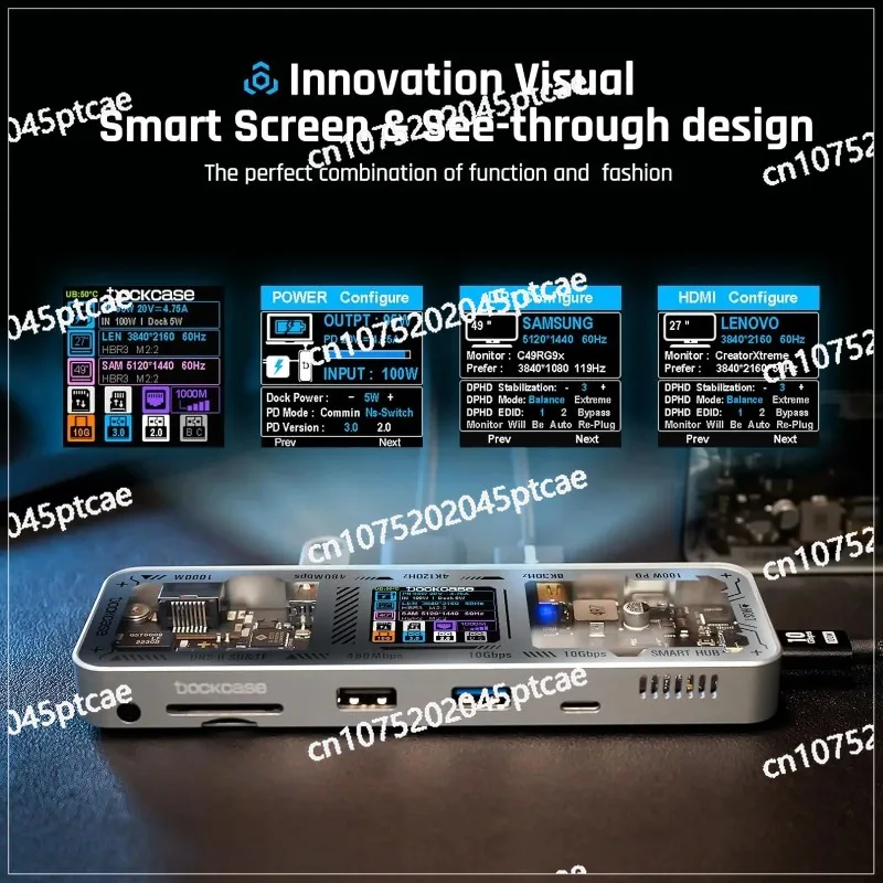 شاشة D ockcase 10 في 1 4K 60 هرتز/ 1000 ميجابت في الثانية/ UHS-II SD&TF/ 100 وات PD/ USB 3.2 Gen 2 محور ذكي مع شاشة LCD مزدوجة #5