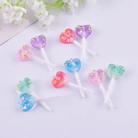 Dijes de resina de Piruleta de corazón de purpurina de moda para mujer, pendientes, collar, fabricación de joyas DIY, 10 unids/lote por paquete