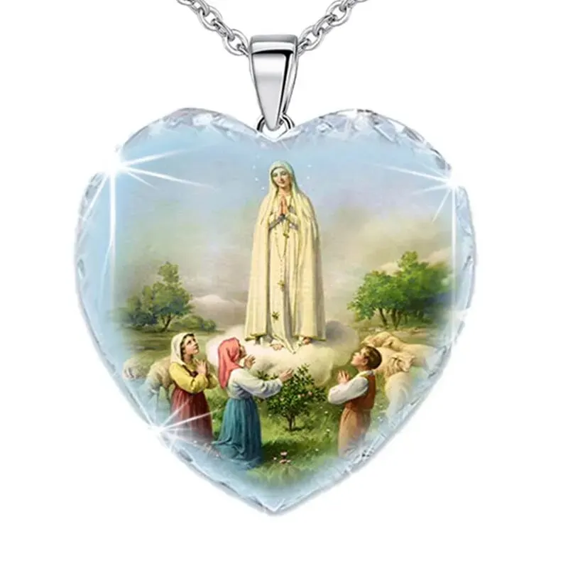 Big Heart Shape Glass Pendant Necklace Christian Jesus Parten Charm Necklace For Women Silver Color Link Chain Women Jewelry