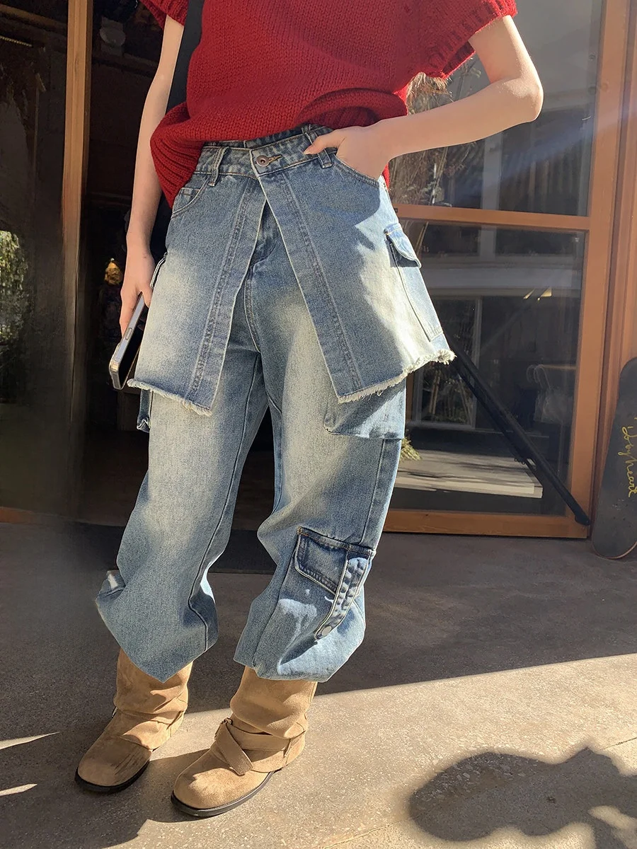 

Detachable Cargo Denim Jeans High Waist Straight Leg Casual Pants with Big kets Urban Outdoor Sle Women's Premium Jeans