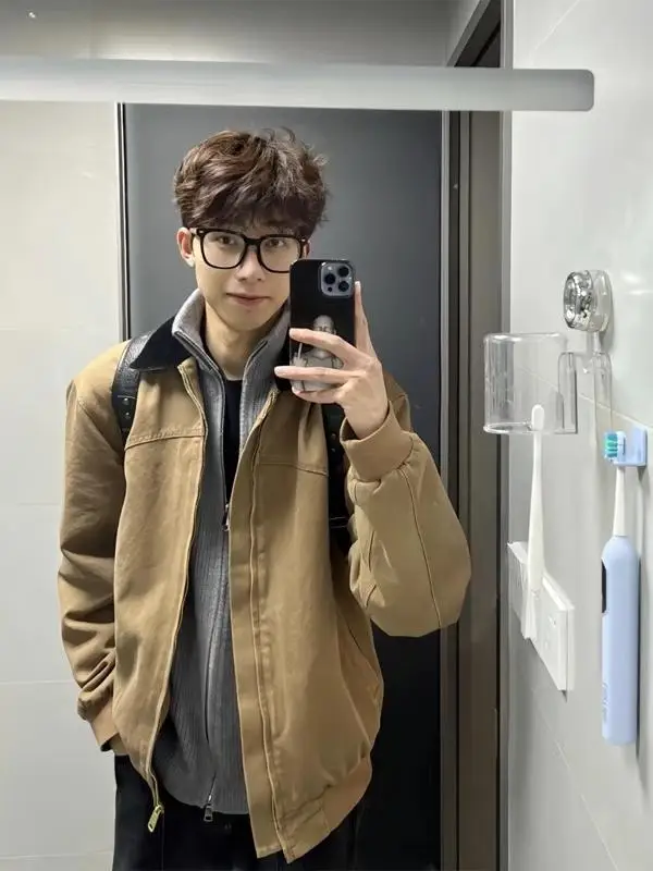 

Khaki Detroit Workwear Jacket Men's Spring Autumn Short Baseball Style American Retro Turn-down Collar Jacket Youth Trendy