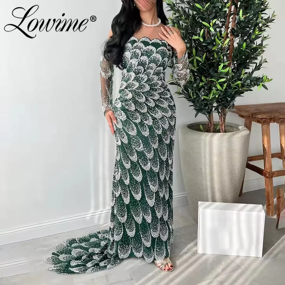 Abiti da ballo a sirena verde Abiti da celebrità lunghi con spalle scoperte Abiti da sera per occasioni formali di compleanno con perline personalizzate