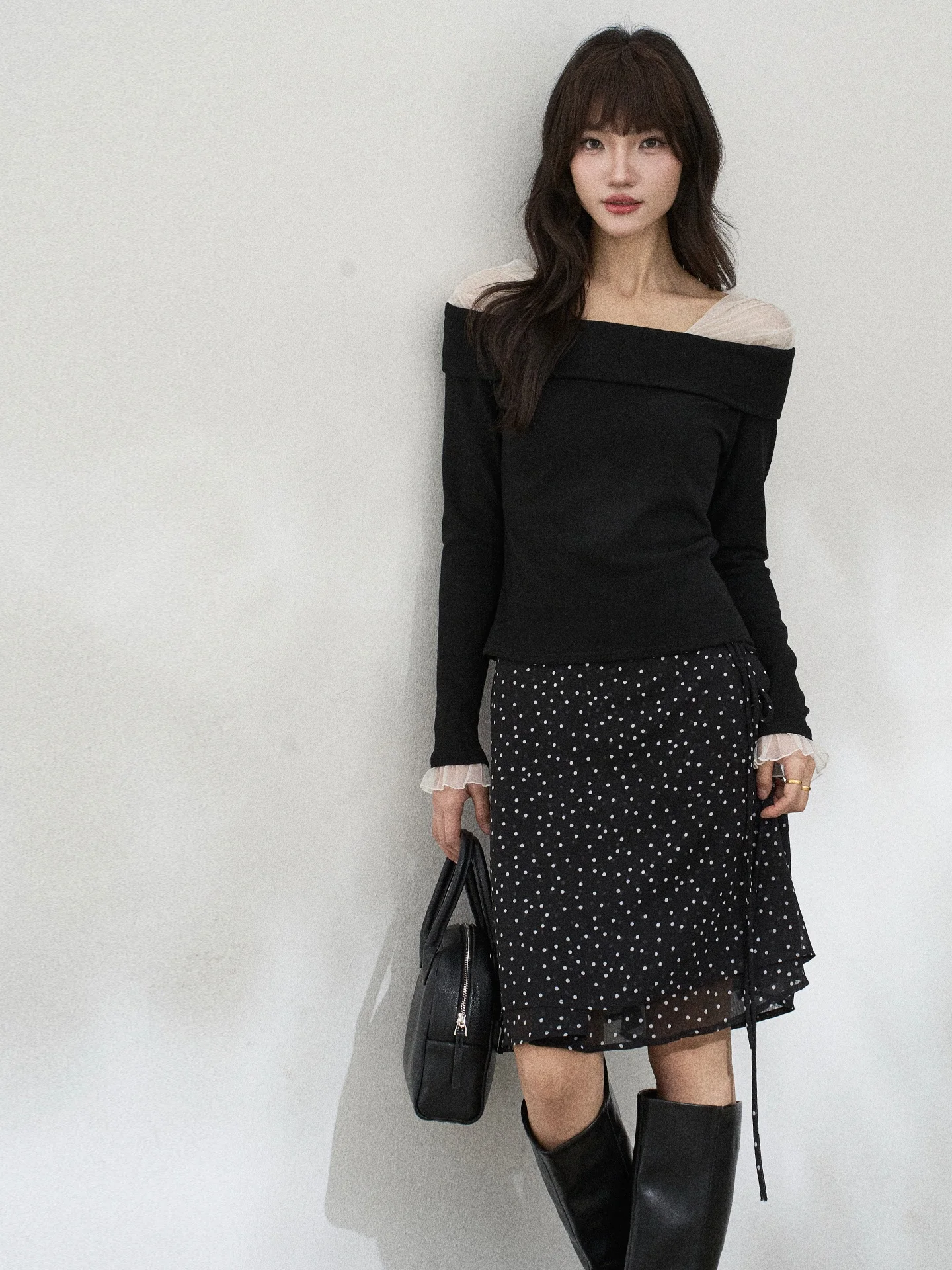 

Bla Lace Splice Long Sve Casual One oulder Top for Women Korean Sle Cotton Polyester Blend Spring Faion