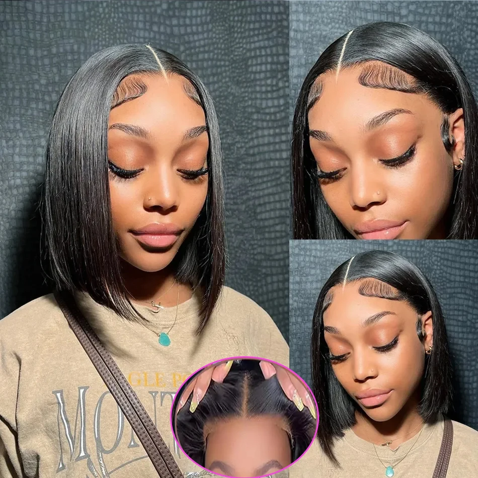 

Glueless Short Bob Wig Bone Straight Human Hair Ready To Wear No Glue 4X4 5x5 Brazilian PreCut Closure PrePlucked Wig For Women