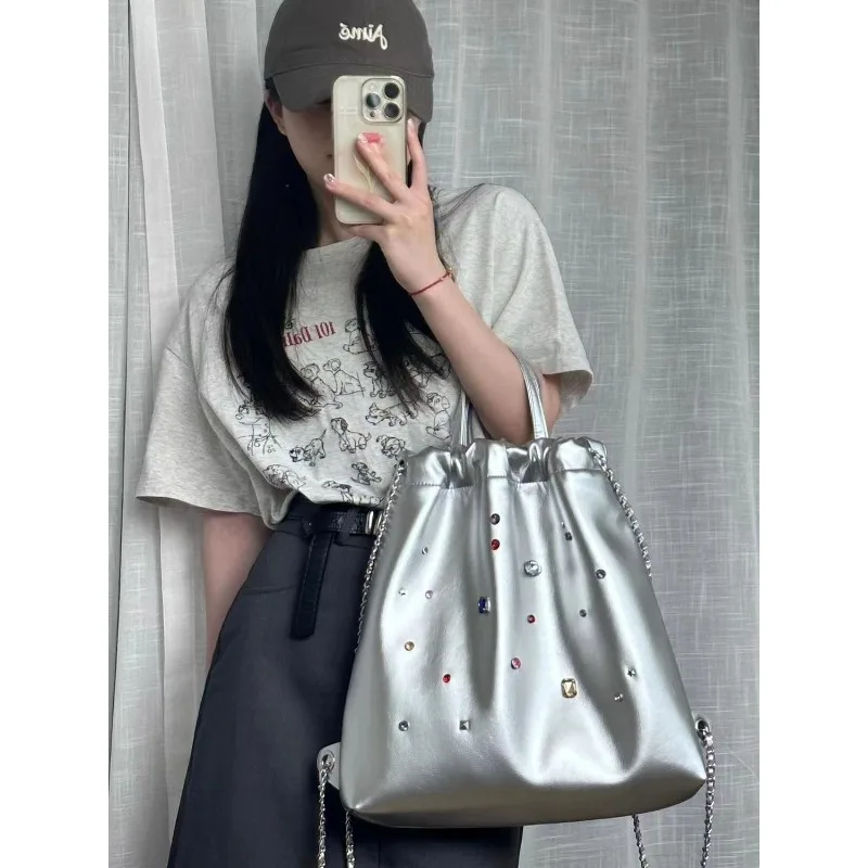 

Colored Gemstone Backpack Korean Fashion Versatile Chain Drawstring College Student Class Bag Exquisite Simple Fashion Trend