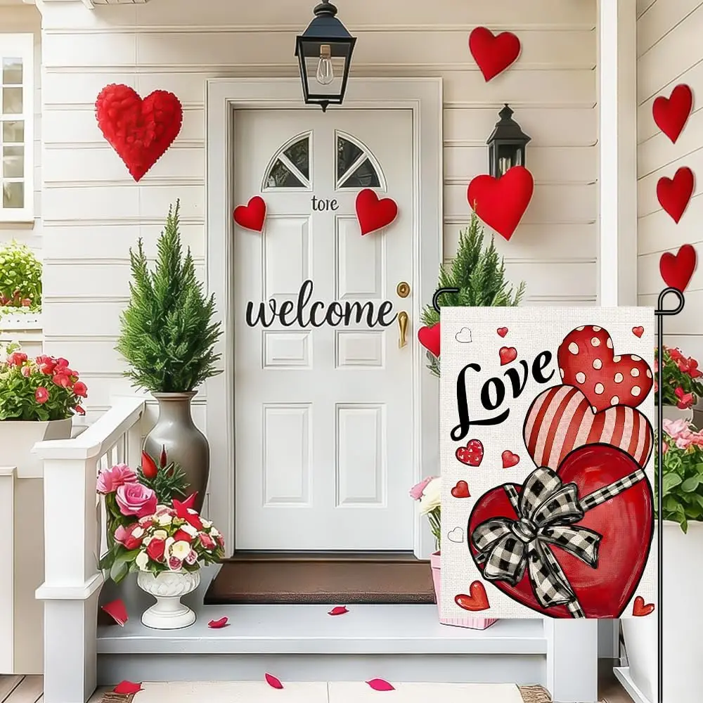 Valentine’s Day Love Garden Flag 12x18 Inch Double Sided, Tasteful Red Heart with Buffalo Plaid Bow Yard Flags Sign for Fron uui