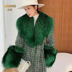 Conjunto de puños y cuello de piel sintética para mujer, chal grande esponjoso, accesorios de abrigo, bufanda de piel de zorro falsa a la moda, bufandas peludas para mujer