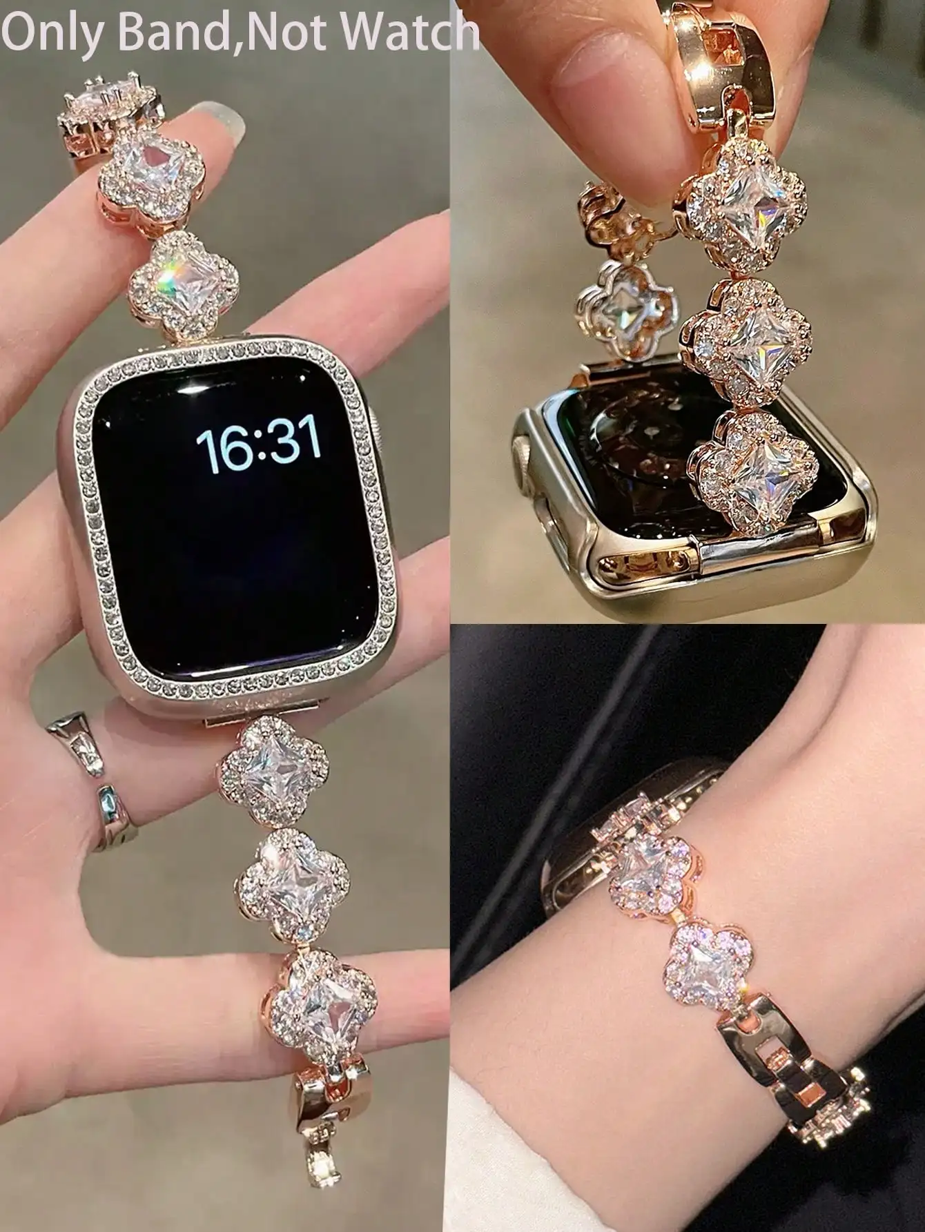 

1pc Rhinestone Decorated Metal Watch Band, Silver Color, Fashion & Elegant, Compatible With Apple Watch 38/40/41/42/44/45/49mm, Minimalist Business Style For Women, Compatible With Apple Watch Ultra/SE/9/8/7/6/5/4/3/2/1 Series, Watch Bands Compatible With