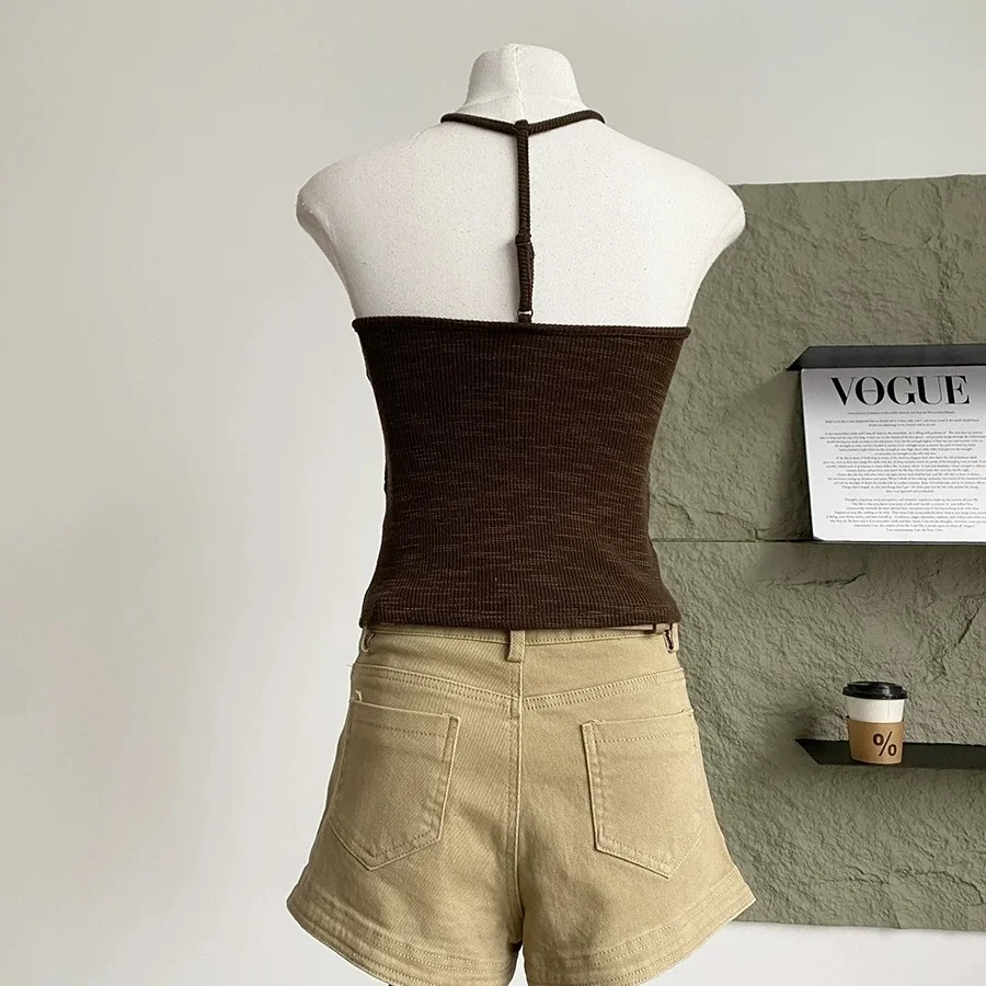 Summer New Pure Desire Neck Hanging Splice Backless Vest Women Slim Fit with Chest Pad Versatile Short Length Micro Elastic