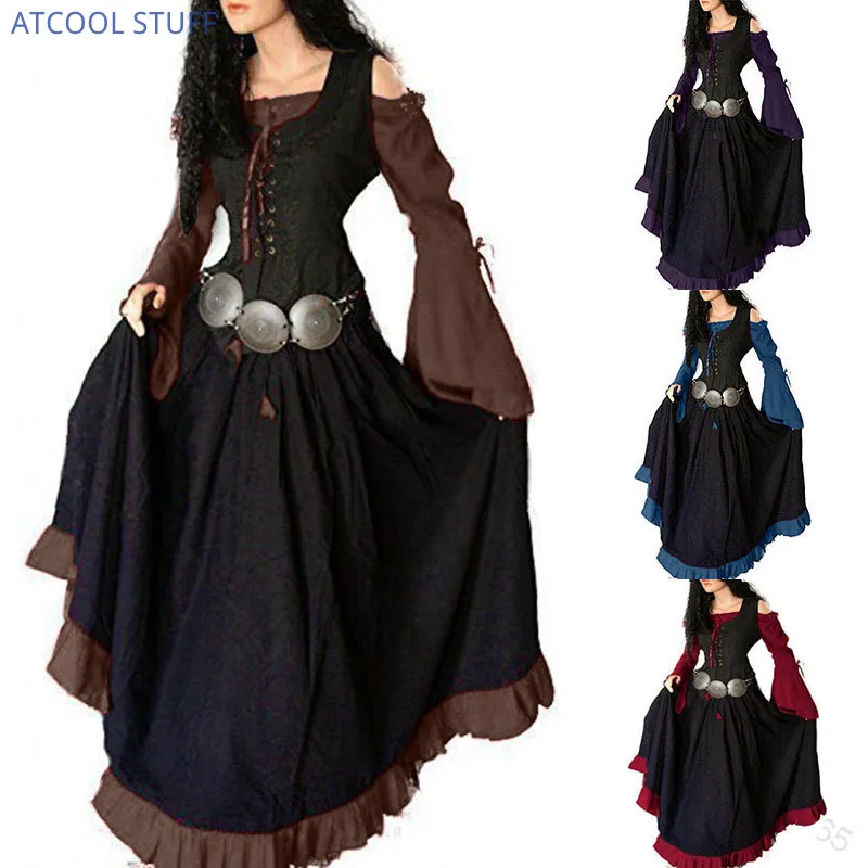 Abito lungo medievale a maniche lunghe con spalle scoperte da donna abito vittoriano con maniche svasate in vita con corsetto in stile gotico Vintage