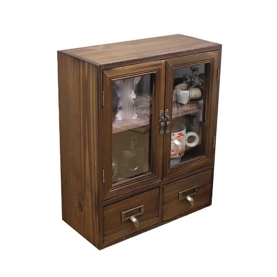 

Миниатюрный настольный винтажный шкафчик в деревенском стиле, настенный деревянный стеллаж с дверцей из оргстекла, для хранения продуктов, с 2 нижними выдвижными ящиками, для аптеки