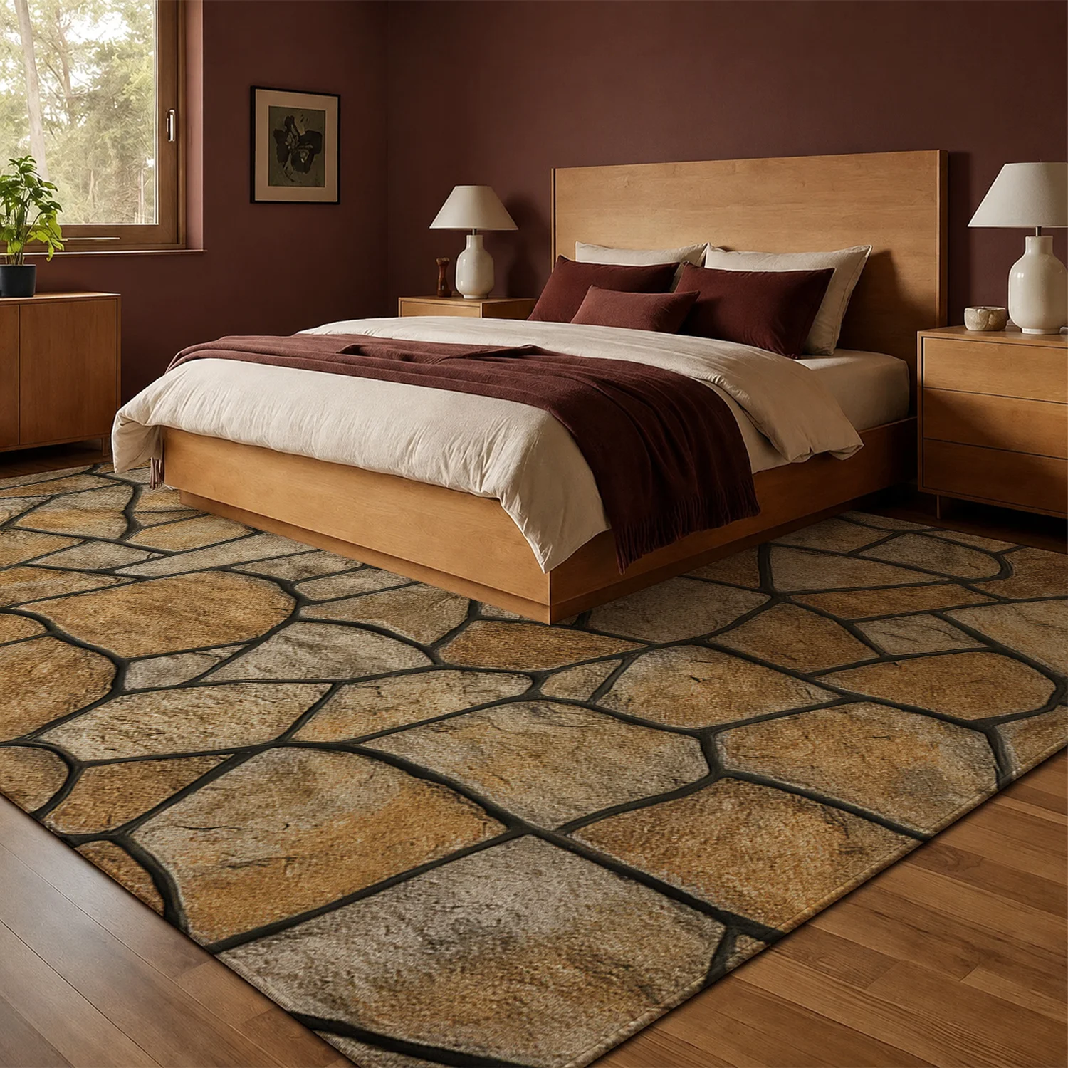 Large Indoor Area Rug, Soft Velvet Low Pile with Non-slip Dotted Backing, Machine Washable Rustic Stone Mosaic Pattern in Warm Tan & Light Beige, Great for Living Room, Bedroom, Entryway