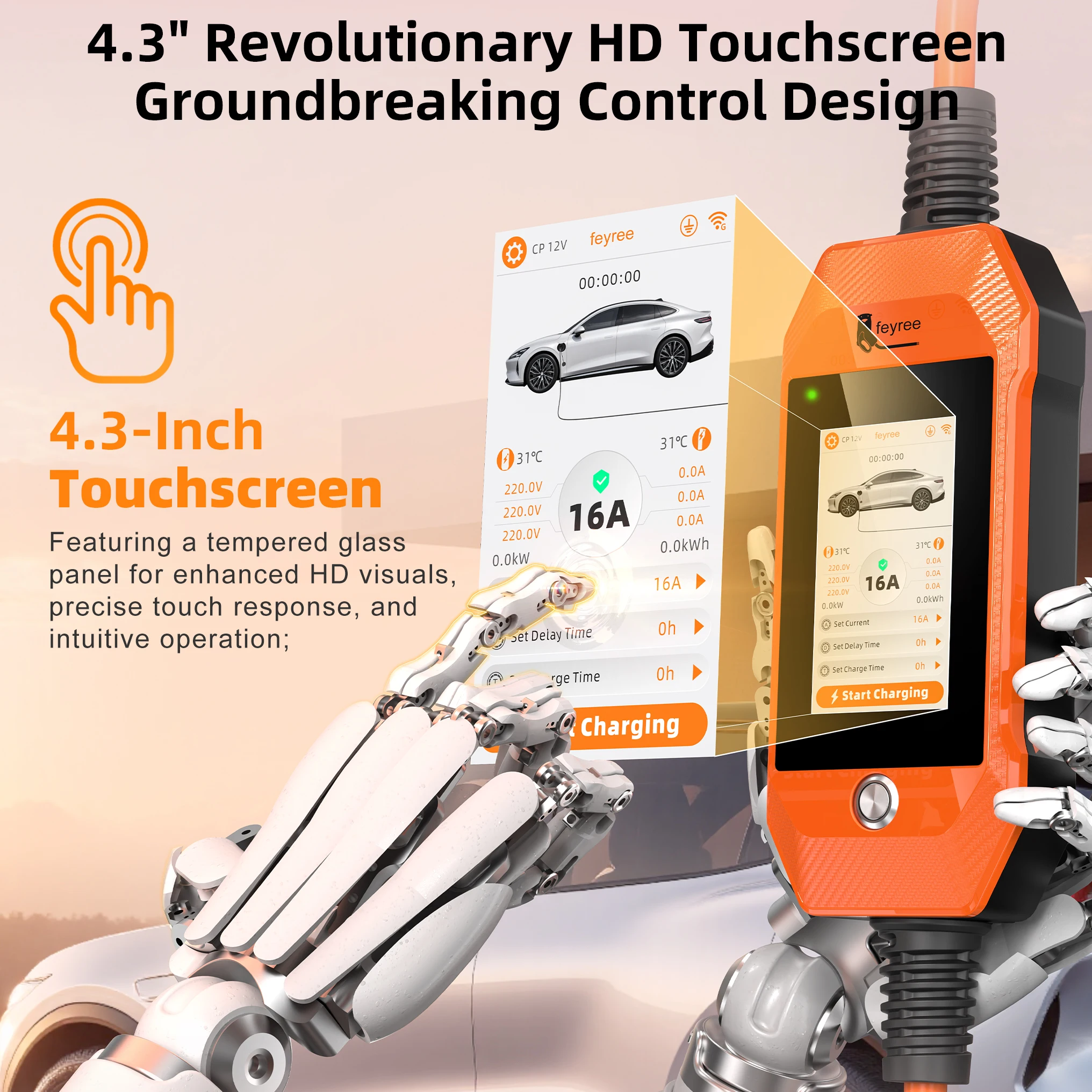 Feyree Type2 11kW Portable 4.3'' Touch Screen Home Use EV Charger with Dual Temp Protection & APP History Log for Electric Vehic
