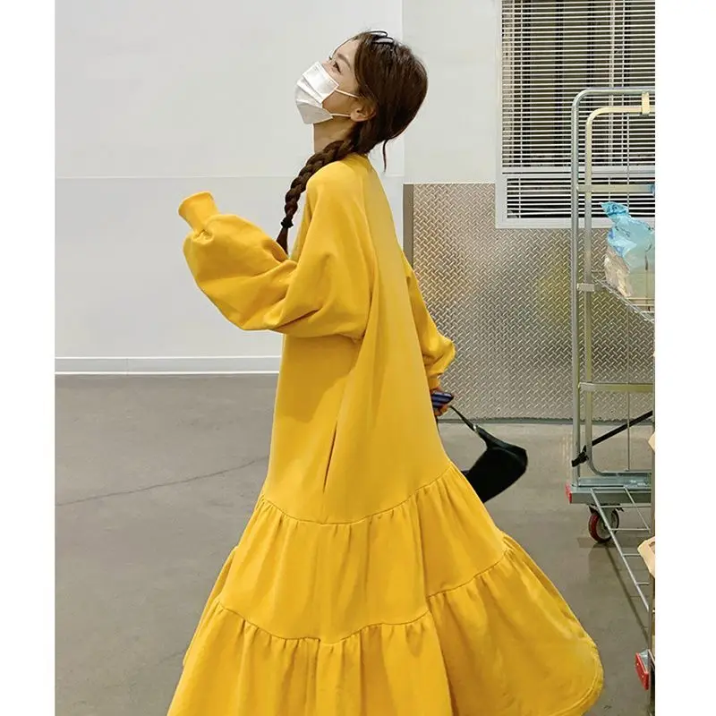 2023 Women Clothing Solid Color Pullovers Long Sleeve O-neck Patchwork Pleated Simplicity Elegant Fashion Loose Dresses New