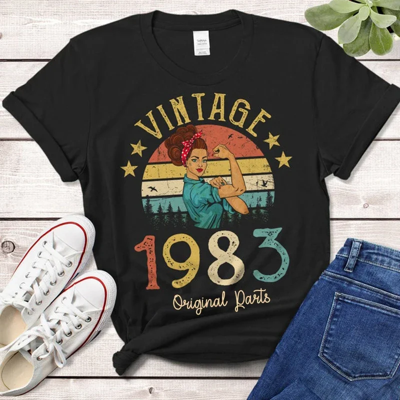 Vintage 1983 Original Parts Women Tshirt Cotton Colored Retro T-shirts 42 Years Old Birthday Gift Female Short Sleeve Tops