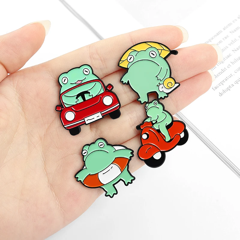 Fun Frog Enamel Pins Custom Froggy Car Swimming Pool Plant Brooch Lapel Badge Bag Cartoon Animal Jewelry Gift for Kids Friends