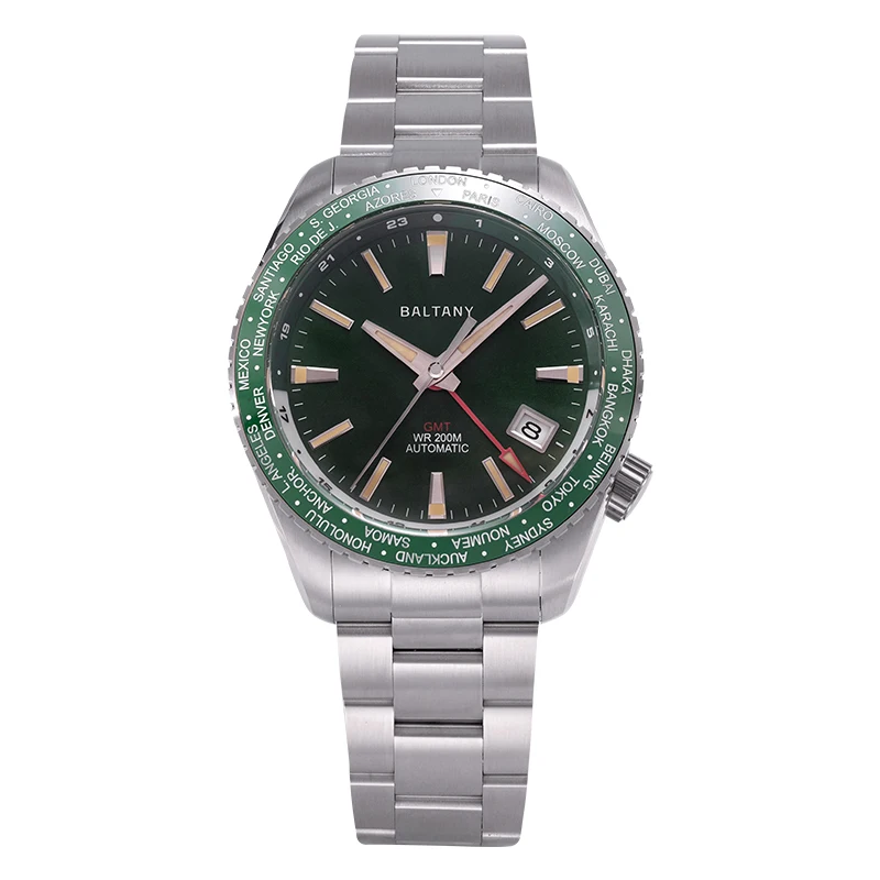 

Baltany Mens Automatic Watches 40mm GMT Mechaical Wristwatch Military Sapphire Diver 200m Waterproof Luminous NH34 Ceramic Bezel