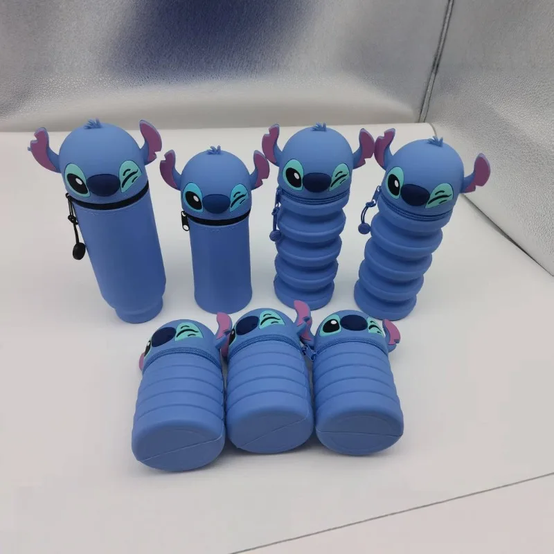 

Stitch Foldable Telescoping Pencil Case Kawaii Cartoon High Capacity Silicone Pen Holder Storage Bag Student Children Stationery