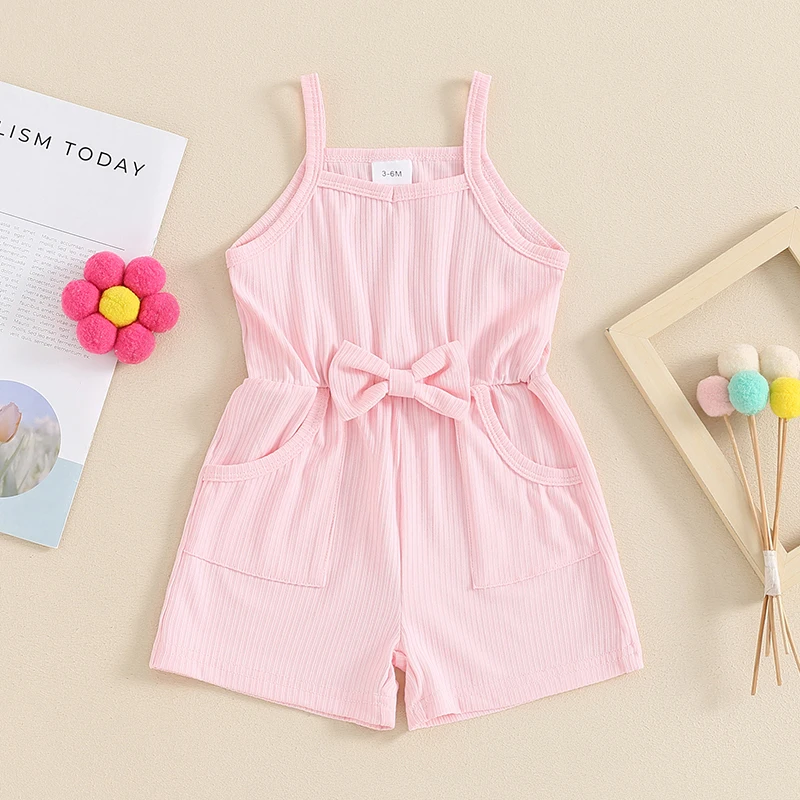 0-4Y Toddler Baby Girl Summer Jumpsuit Sleeveless Square Neck Cotton Solid Color Romper Shorts Cute Bow Infant KIds Playsuit