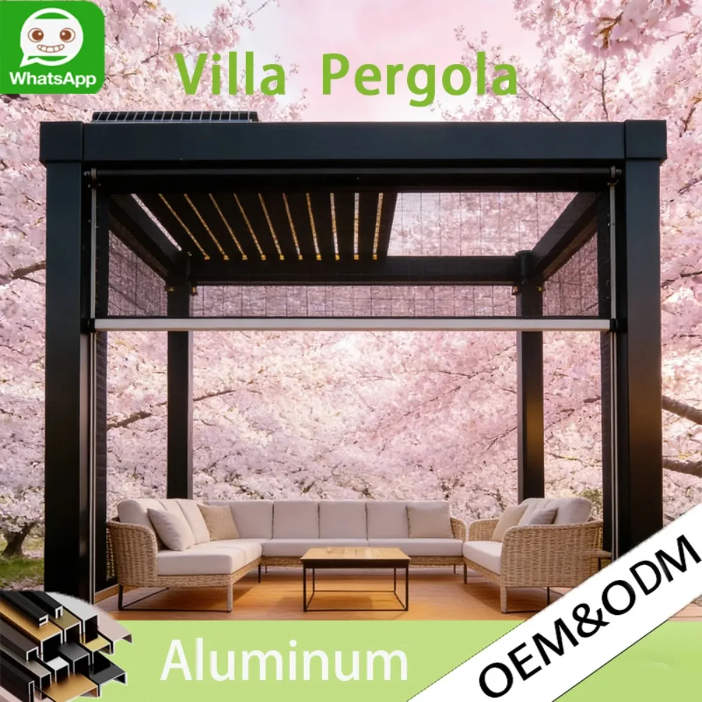 All Weather Electric Bioclimatic Aluminum Pergola, Waterproof Outdoor Gazebo with Adjustable Louvers, Garden Shade Structure