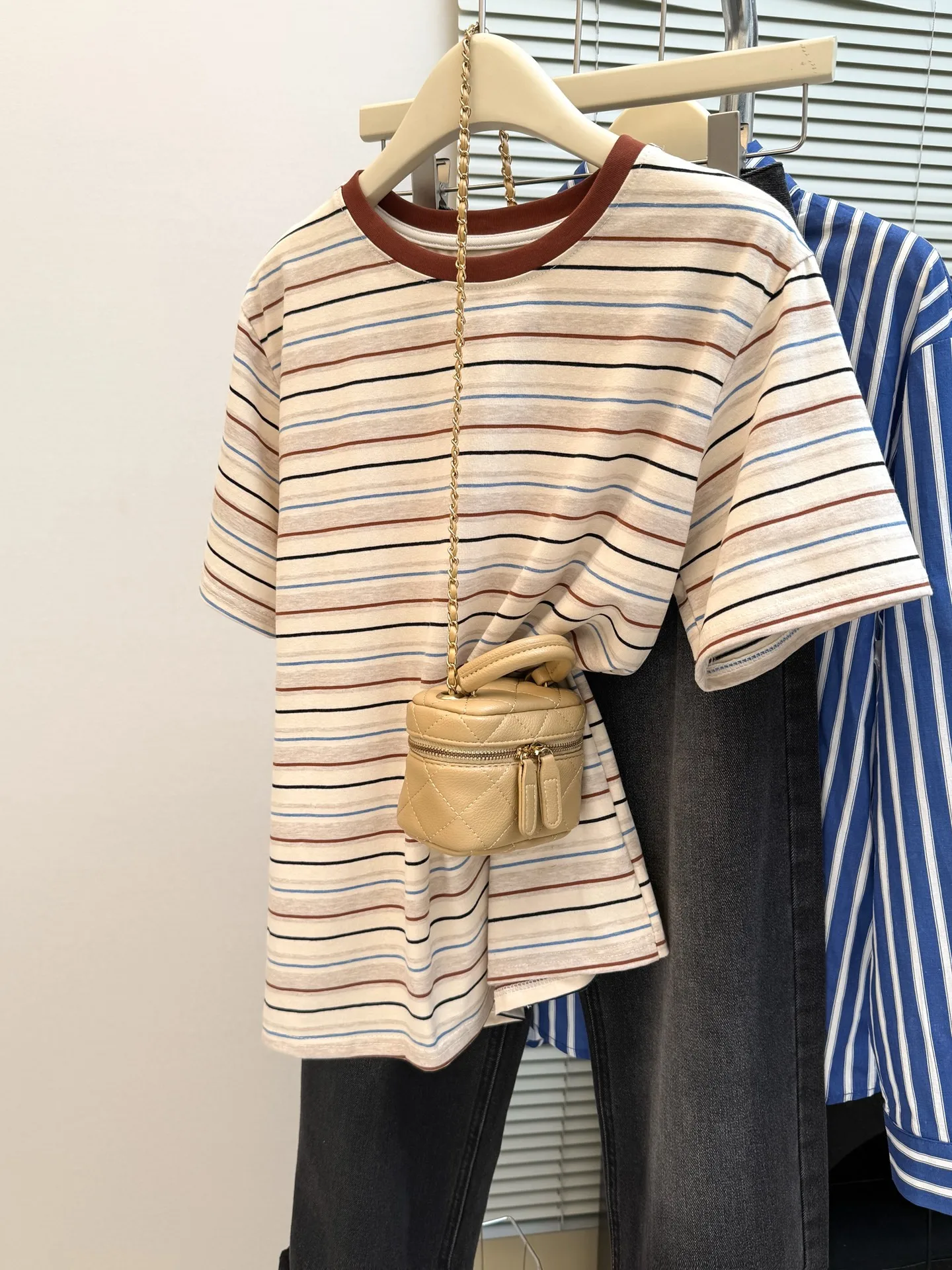 Summer Women's Loose Fit Cotton T-shirt Short Sleeve Striped Base Layer Top Korean Style Fashionable round Neck Design