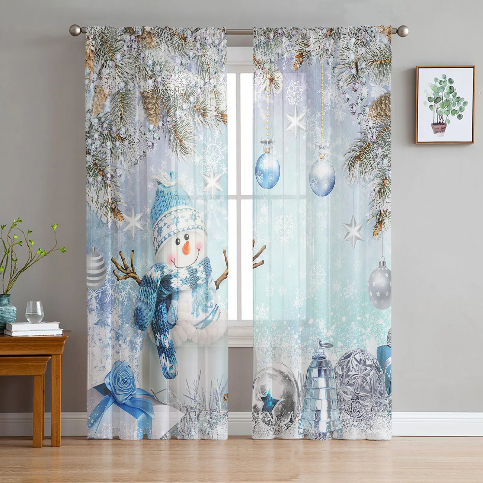 

Christmas Ball Snowman Snowflake Sheer Curtains for Living Room Decoration Window Curtains Kitchen Tulle Voile Organza Curtains