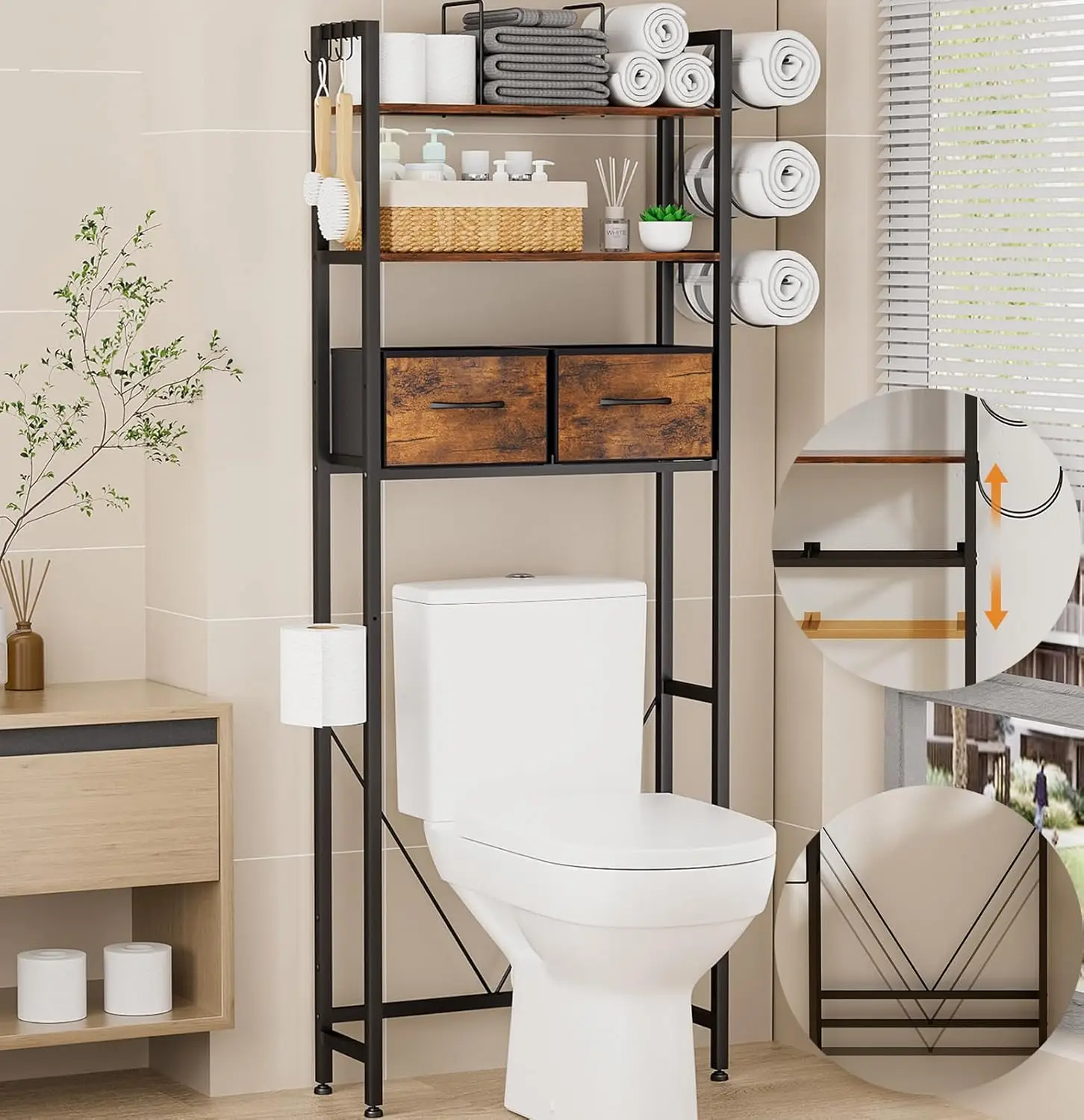 

Adjustable Over-The-Toilet Storage Shelf with 2 Drawers, 3-Tier Towel Rack and 4 Hooks for Bathroom Organization in Brown
