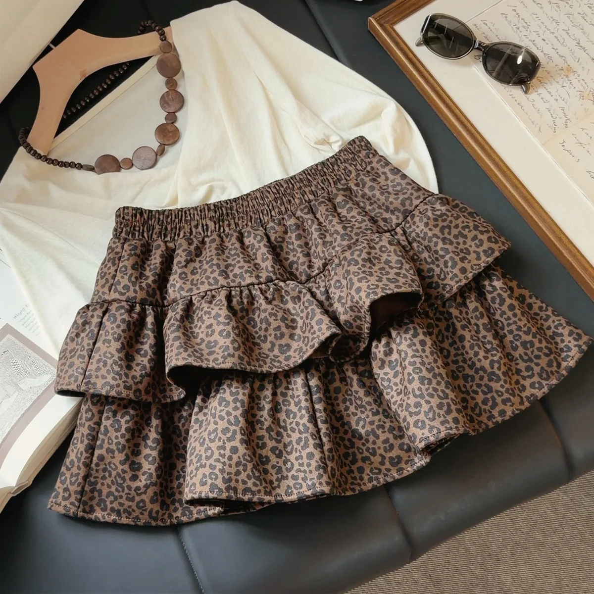 Korean Retro Suede Leopard Print Lotus Leaf Edge Skirt Women's Autumn New High Waist A Word Thin Cake Skirt