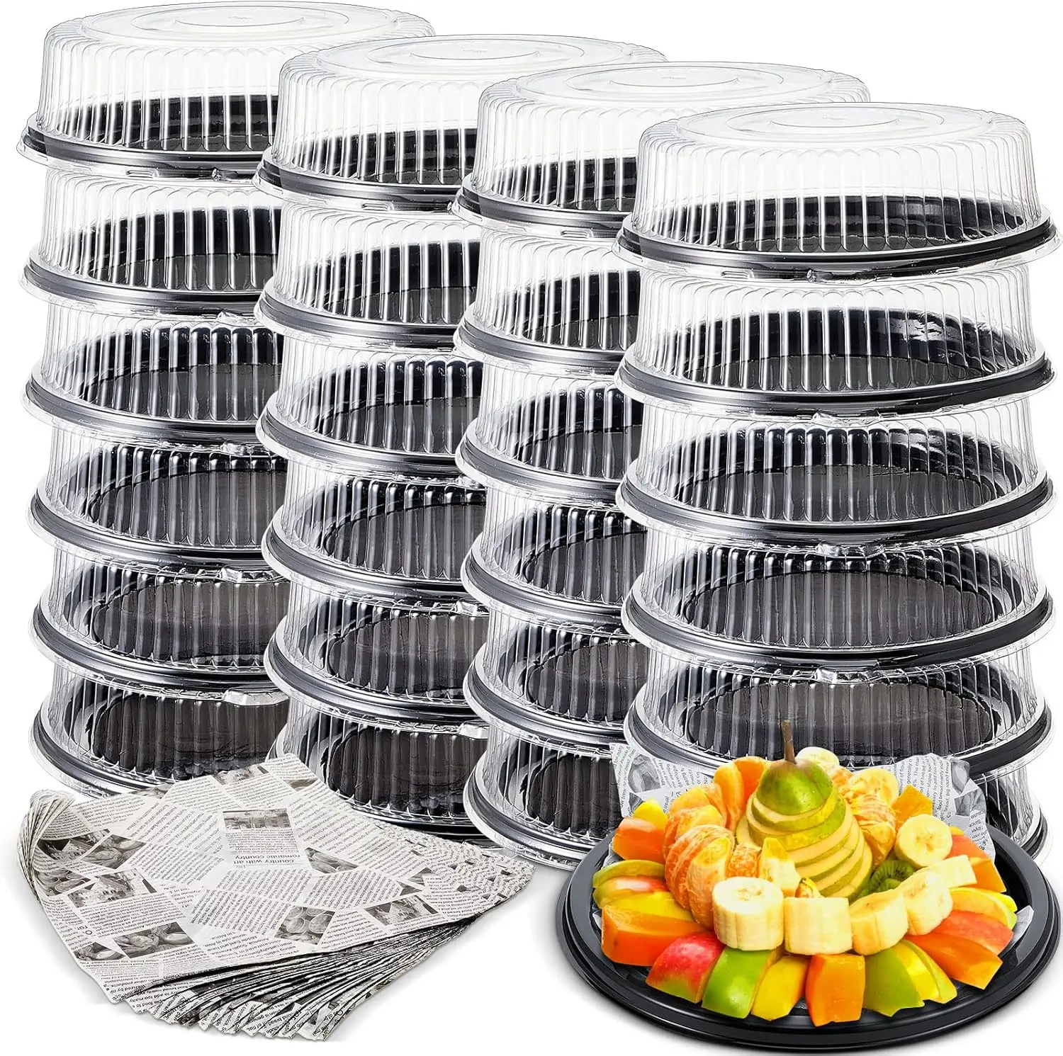 

Tessco 24 Pcs 12 Inch Catering Trays with Clear Lids and 48 Pcs Deli Wax Paper Sheets, Serving Trays Disposable Black Plastic Ro