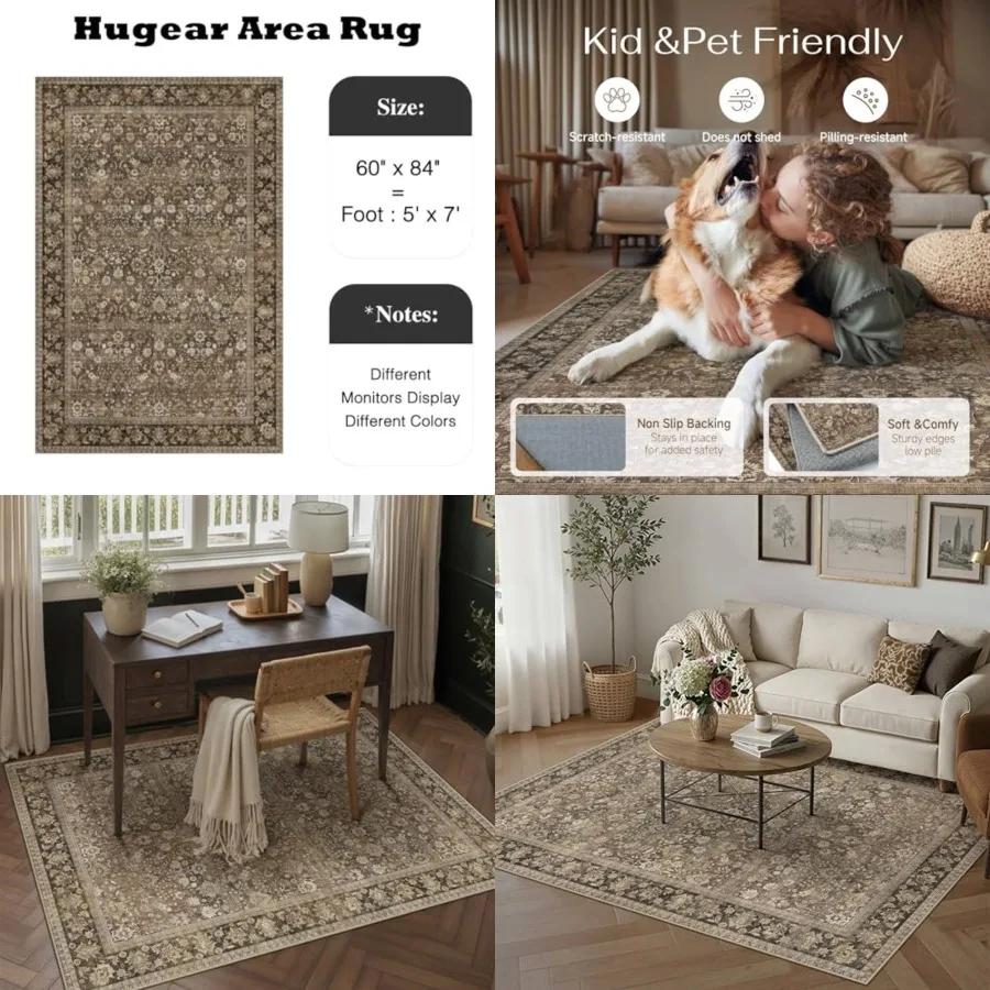 

5x7 Machine Washable Rugs Brown Hallway Area Rug Indoor Accent Rug Floral Low Pile Carpet Soft Throw Aesthetic Rug Bedroom Livi