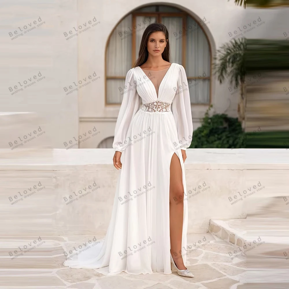 Graceful Wedding Dresses Vintage Chiffon Bridal Gowns Long Puff Sleeves Deep V Neck Sexy High Slit Vestidos De Novia Customized