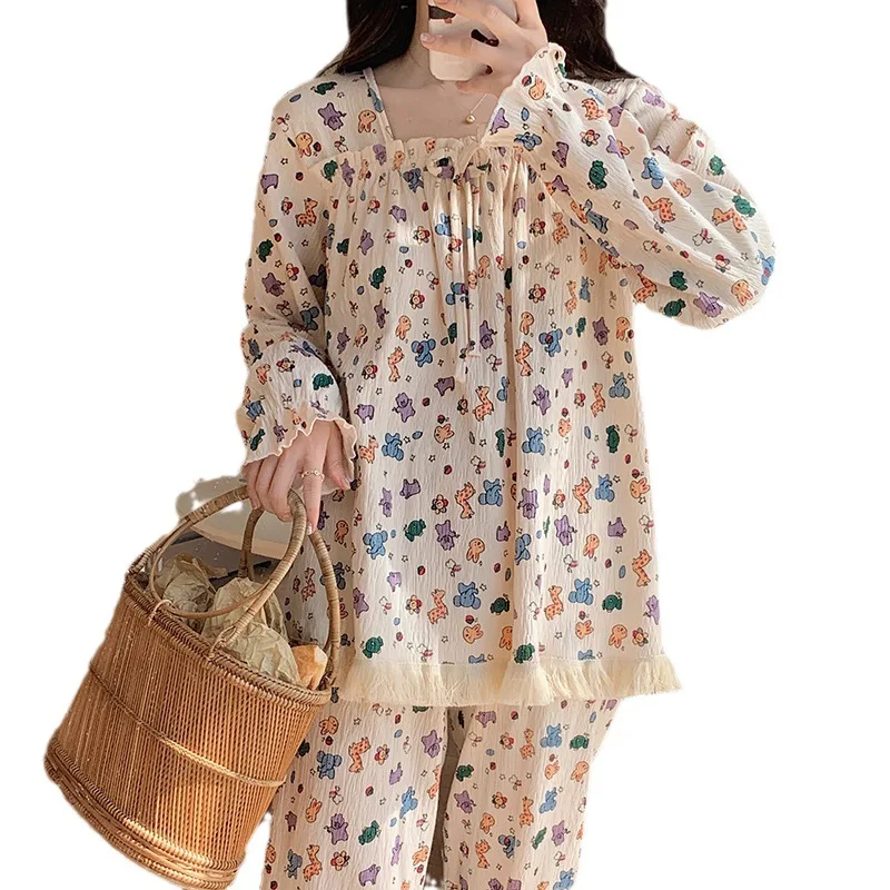 Kawaii Princess Nightdress Sleepwear for Women Ladies Nightgowns Spring Autumn Large Homesuit Roomwear Flower Cartoon Casual