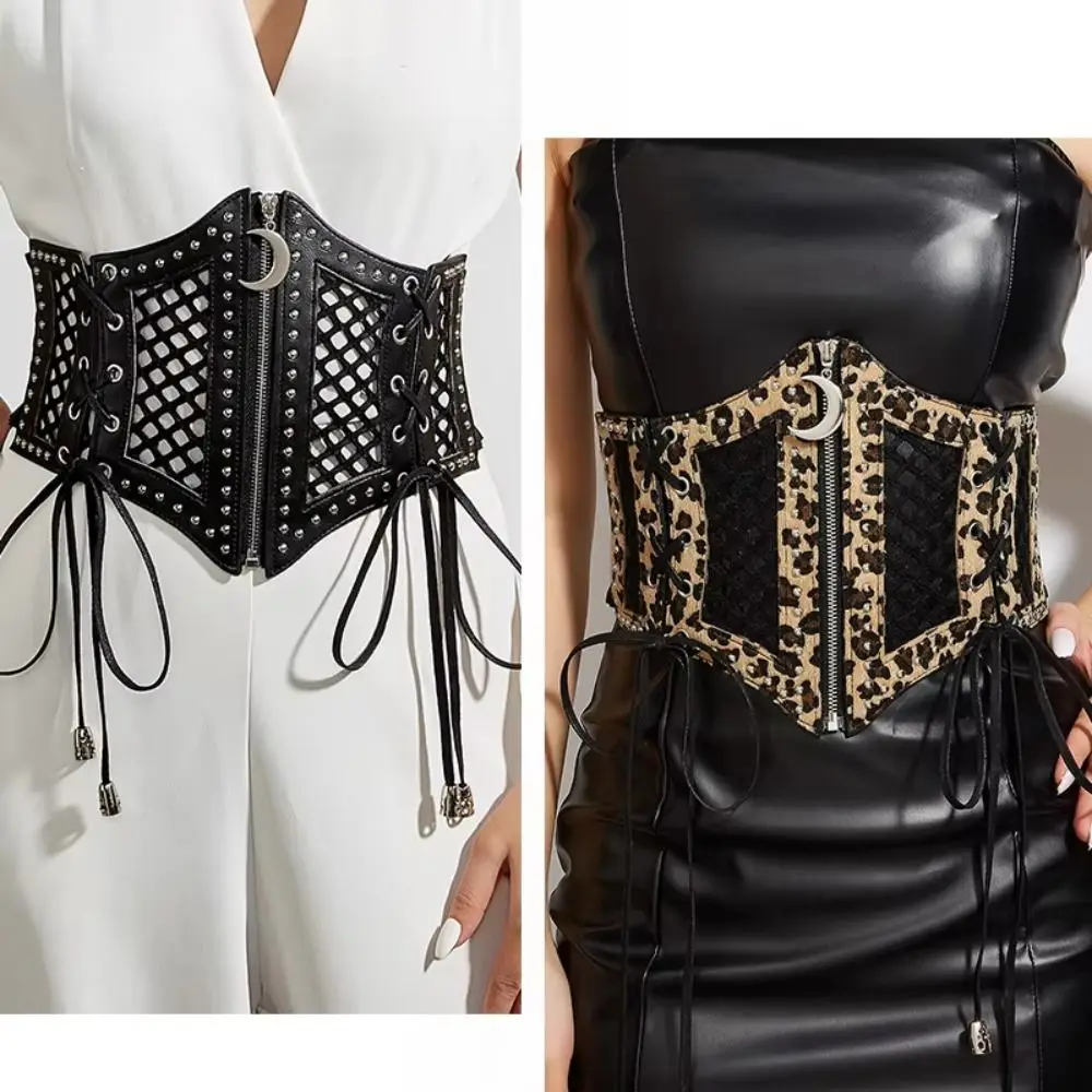 

Moon Zipper Pendant Leopard Print Cummerbunds Waistband High Waist Hollow Corset Belts Dress Girdle PU Leather Wide Waist Belt