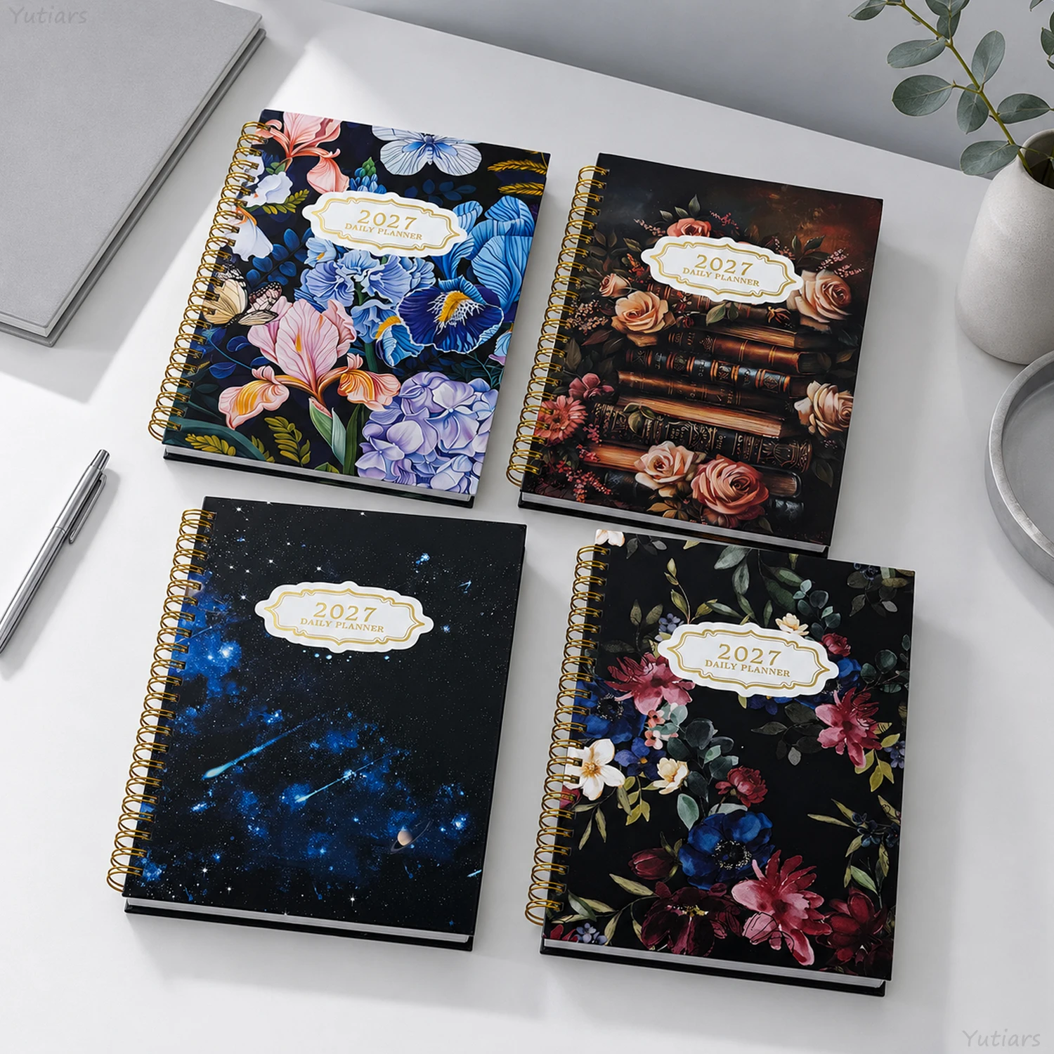 

Premium Art Printed 2027 Calendar Planner, Indexed Spiral Notebook for Work Study Arrangement & Desktop Ornament Collection