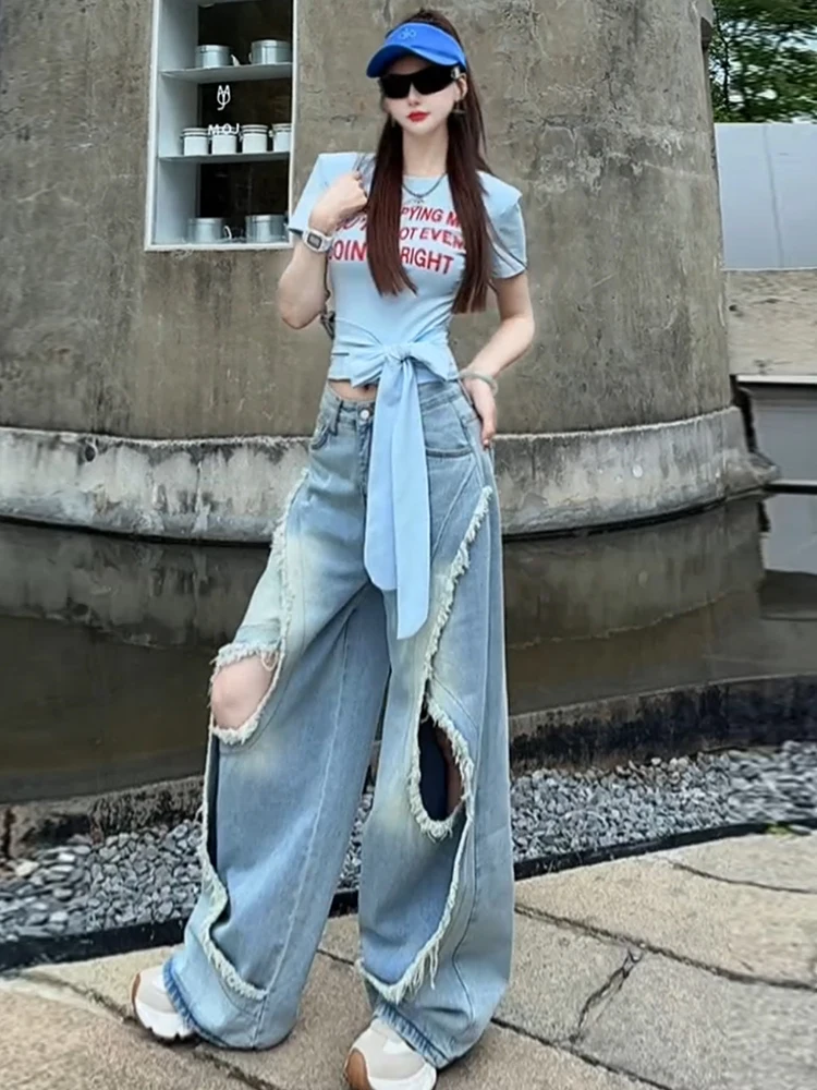 

American Sle High Waist Straight Leg Jeans Women's Loose Wide Leg Long Pants Casual Design Summer Faion Outerwear