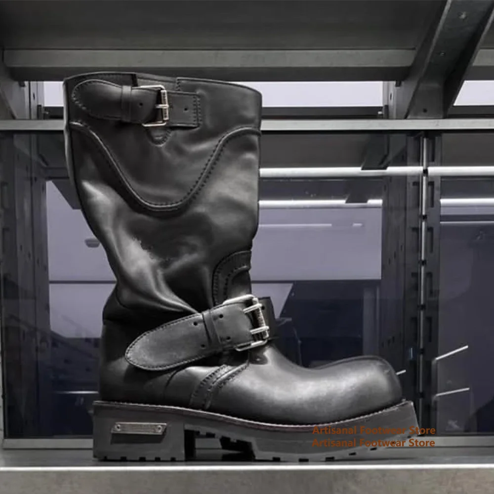 Thick-Soled Motorcycle Boots for Men Belt Buckle Design Men's Boots British Style Handmade Designer Style Booties Men Shoes