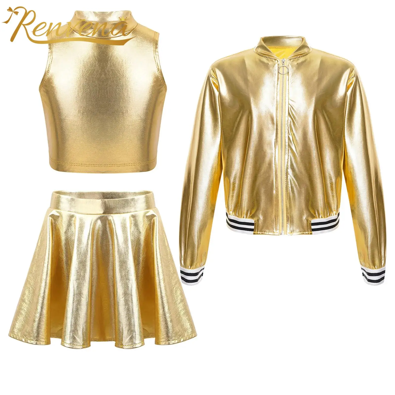 

Kids Girls Metallic Dancewear Jazz Hiphop Sets Fashion Children Party Suit for Street Dance Outfit Stage Performance Costume