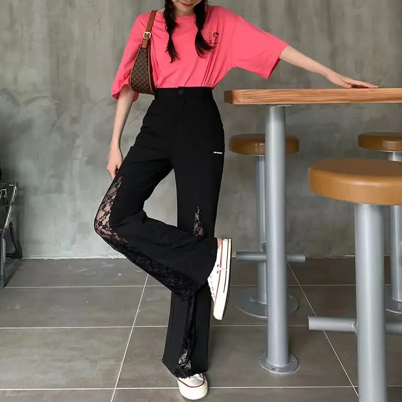 Spring/Summer Lace Patchwork Flare Pants Streetwear High Waist Wid Leg Vintage Trousers Bodycon  Edgy Spicy Girl Long Trousers