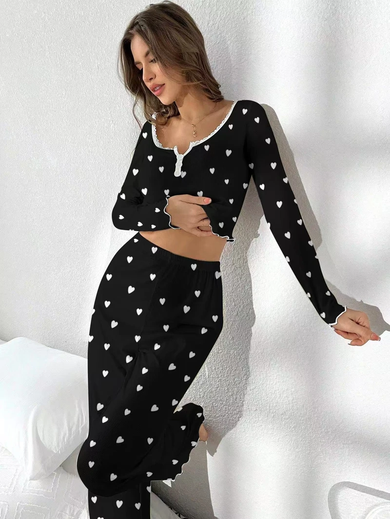 

Trendy Lounge Set Solid Long Sleeve Sexy V-Neck Crop Top and Long Pants Breathable Fit Women's Stylish Loungewear Homewear Pjs