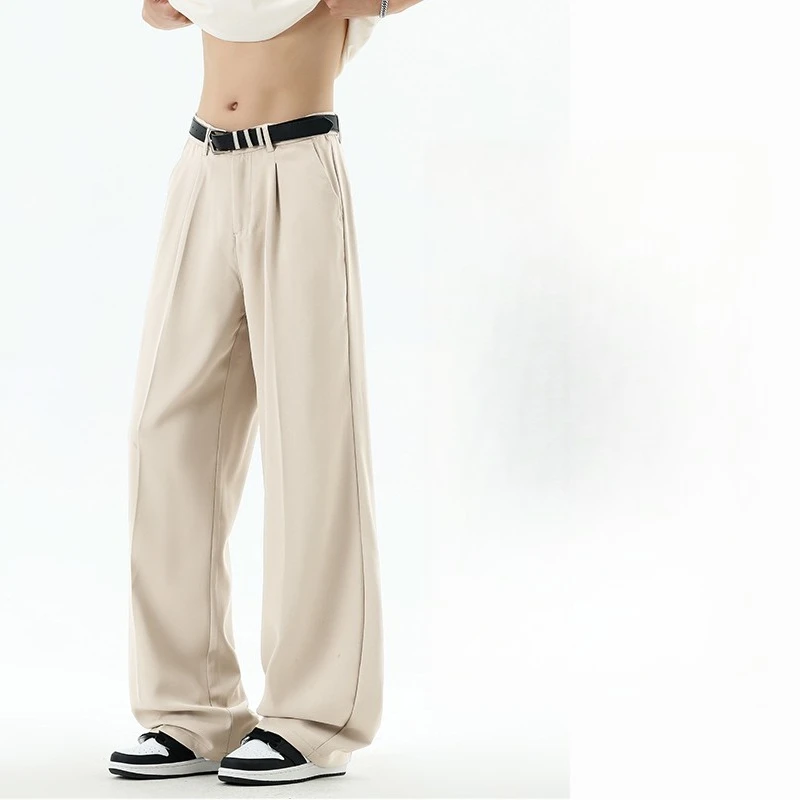 

Summer Korean Men's Pants Light Thin Polyester Elastic Waist Loose Wide-leg Slacks Drape Suit Pants Male Casual Trousers