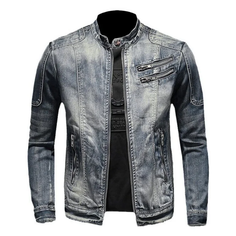 

Men's Denim Jacket Distressed Diagonal Zipper Retro Standing Collar Zipper Denim Outwear Street Jean Jacket